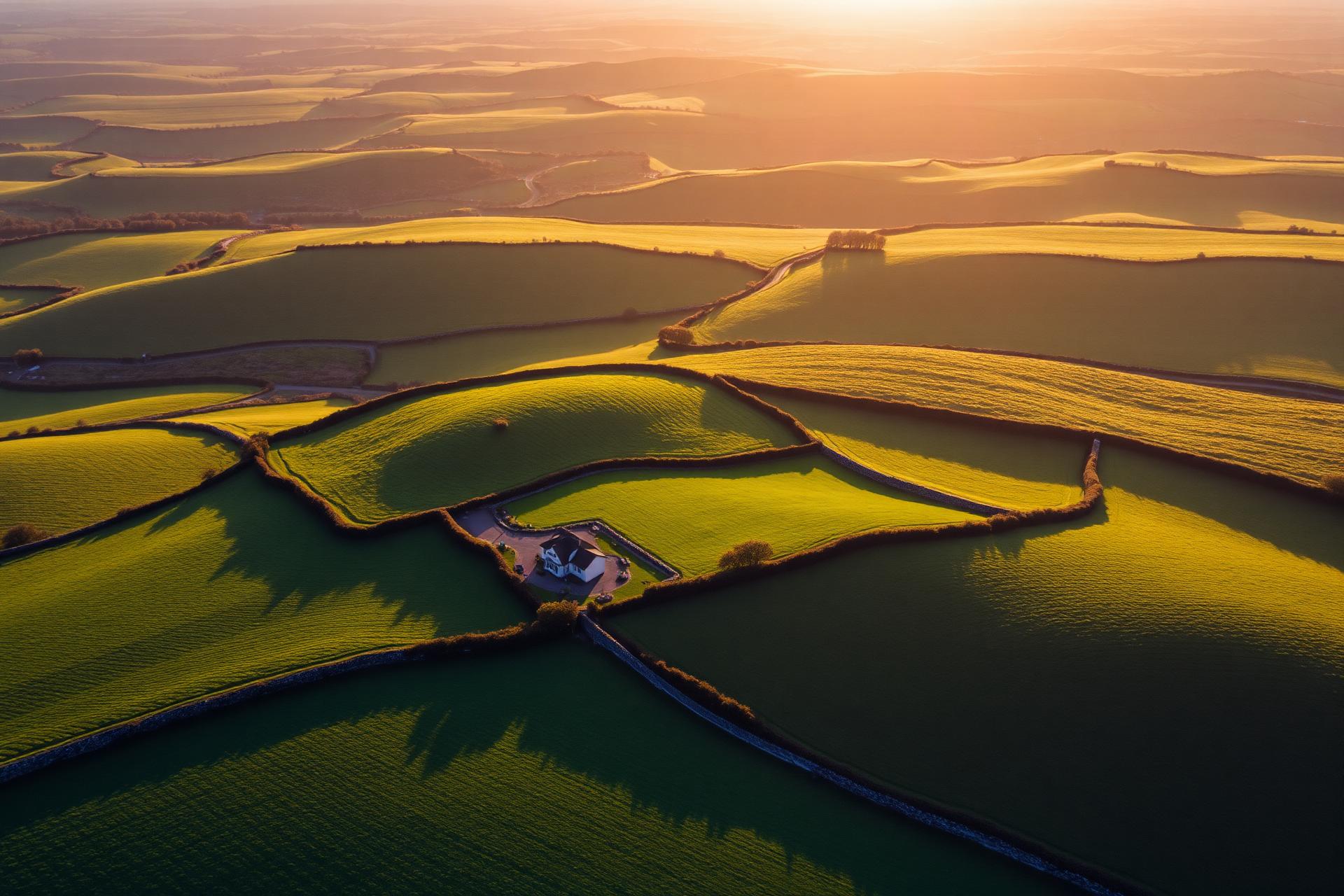 Aerial view of Irish farmland at sunset